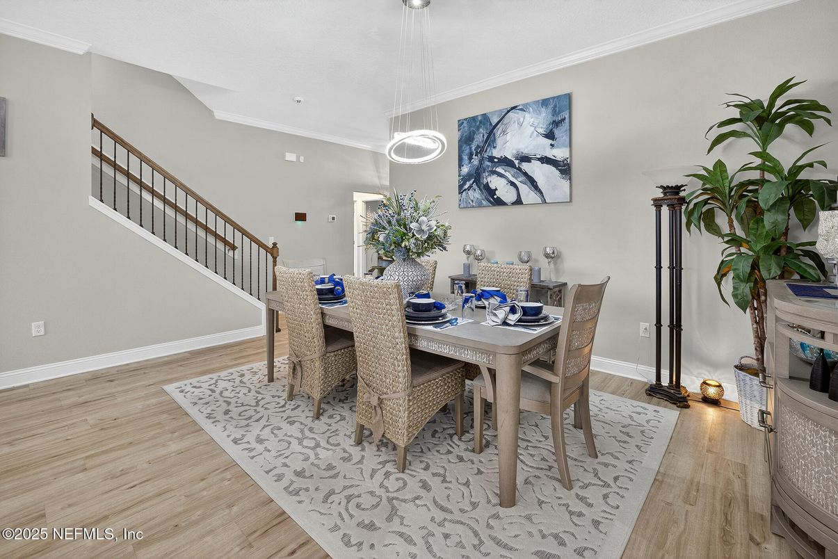 Dining room, Interior, Pendant Lights, Recessed Lighting, Wood Texture Flooring
