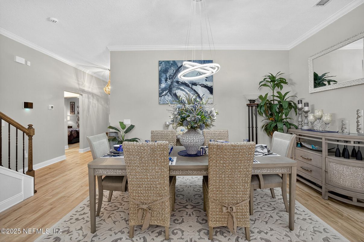 Dining room, Interior, Pendant Lights, Wood Texture Flooring