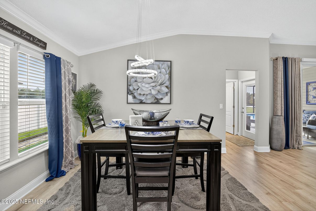 Dining room, Interior, Pendant Lights, Wood Texture Flooring