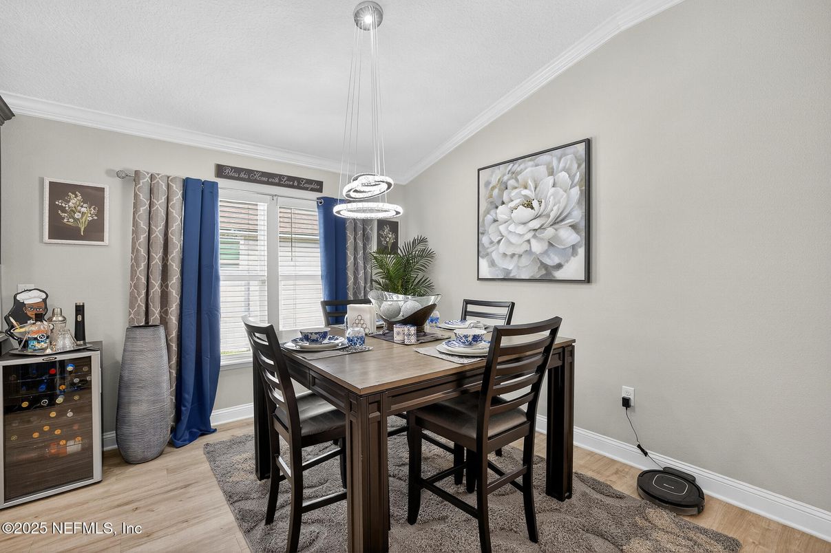 Dining room, Interior, Pendant Lights, Wood Texture Flooring