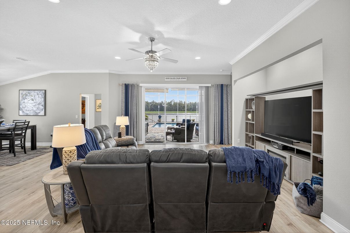 Dining room, Interior, Living room, Recessed Lighting, Water, Wood Texture Flooring