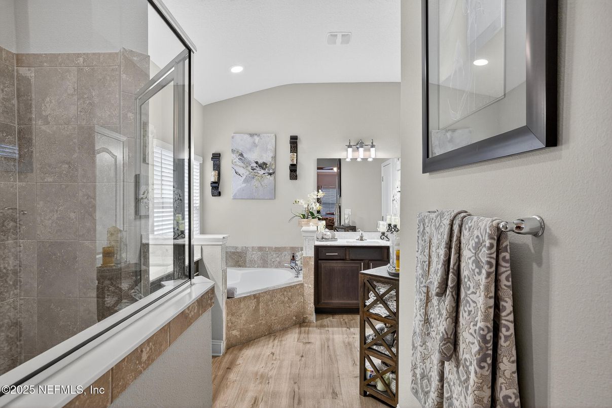 Bathroom, Glass Shower, Interior, Recessed Lighting, Wood Texture Flooring