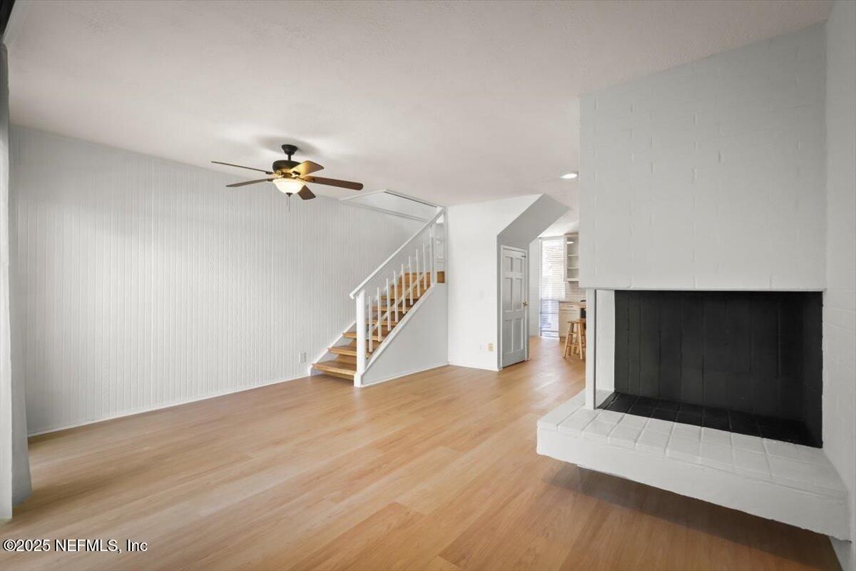 Fireplace, Interior, Recessed Lighting, Wood Texture Flooring
