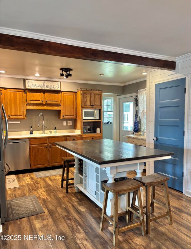 Interior, Kitchen, Recessed Lighting, Stainless Steel Appliances, Wood Texture Flooring