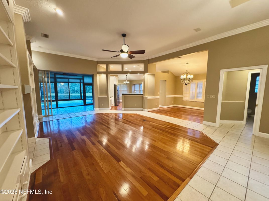 Chandelier, Empty room, Interior, Recessed Lighting, Wood Texture Flooring