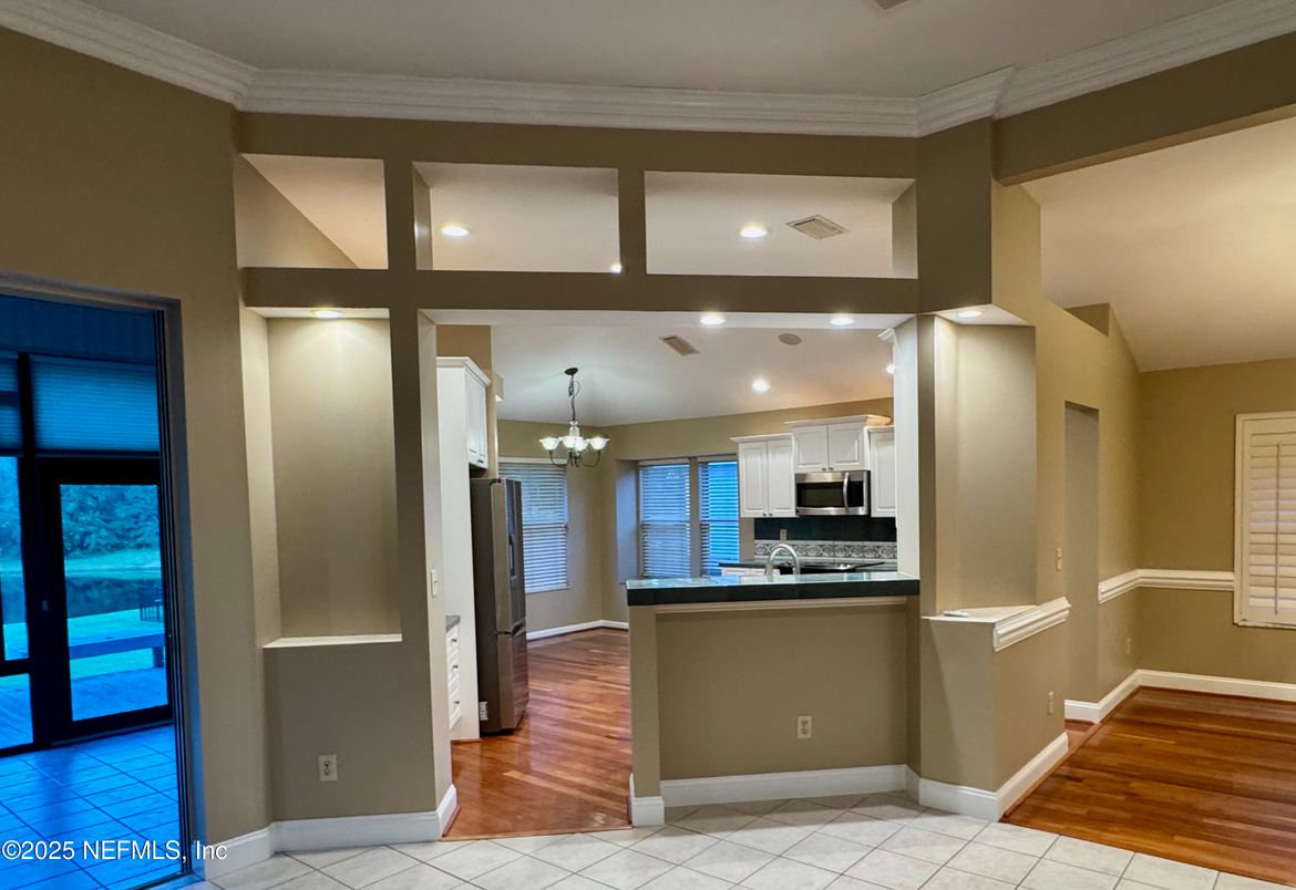 Chandelier, Interior, Kitchen, Recessed Lighting, Stainless Steel Appliances, Wood Texture Flooring