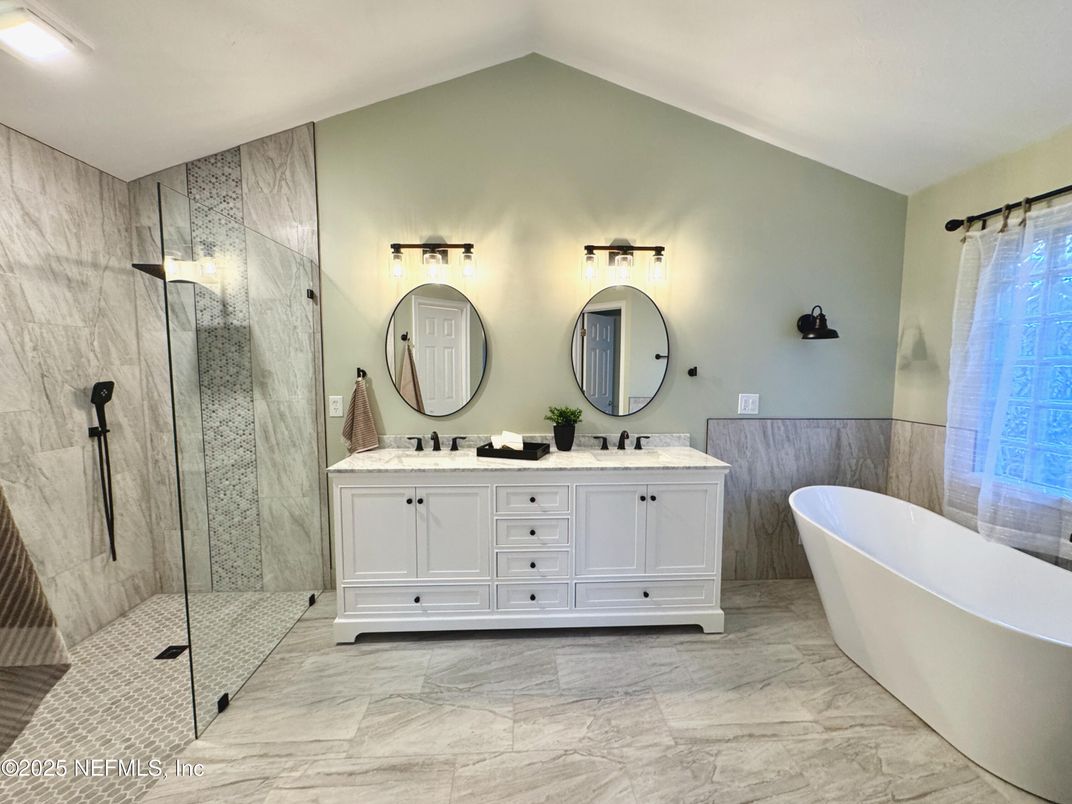 Bathroom, Dual Sink Vanities, Free Standing Baths, Glass Shower, Interior, Marble, Marble Walls