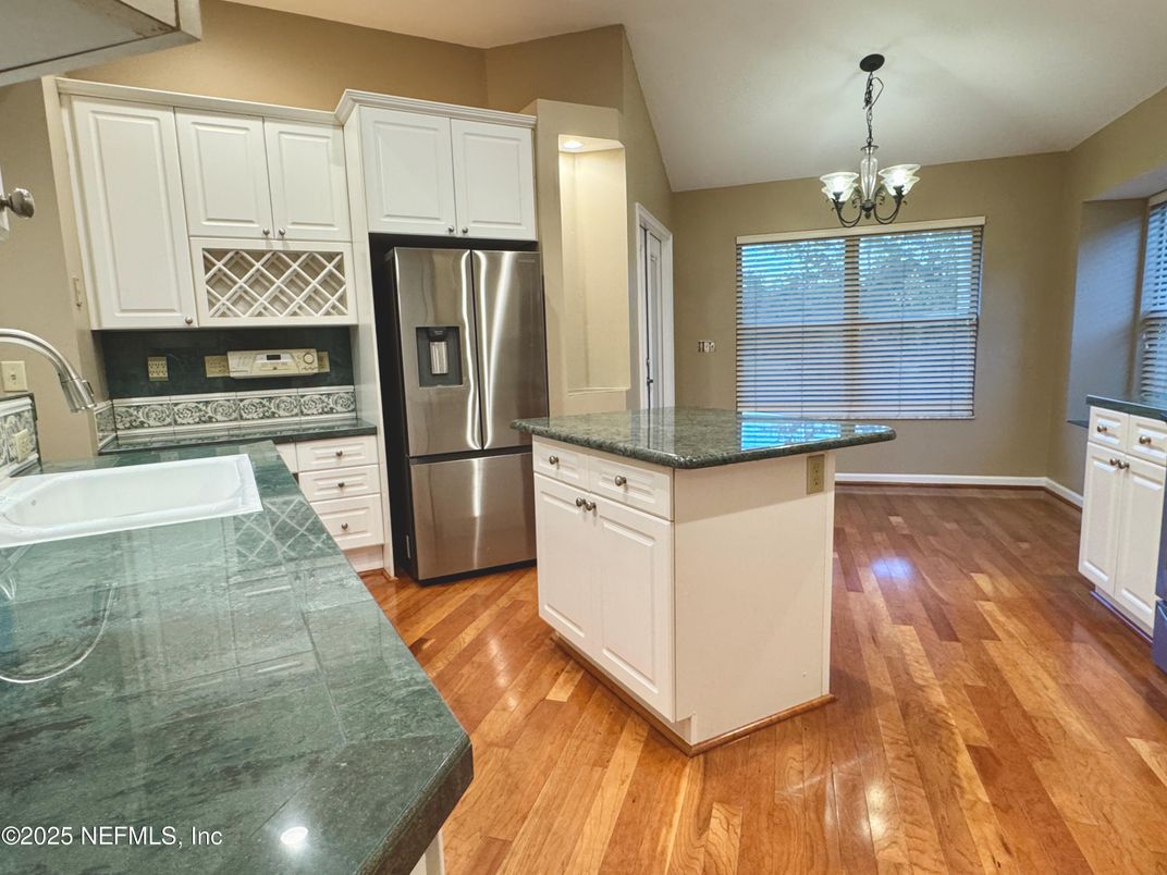 Chandelier, Interior, Kitchen, Recessed Lighting, Stainless Steel Appliances, Wood Texture Flooring