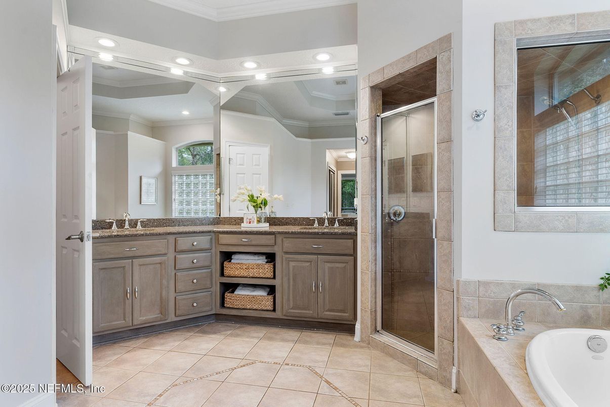 Bathroom, Dual Sink Vanities, Glass Shower, Interior, Recessed Lighting