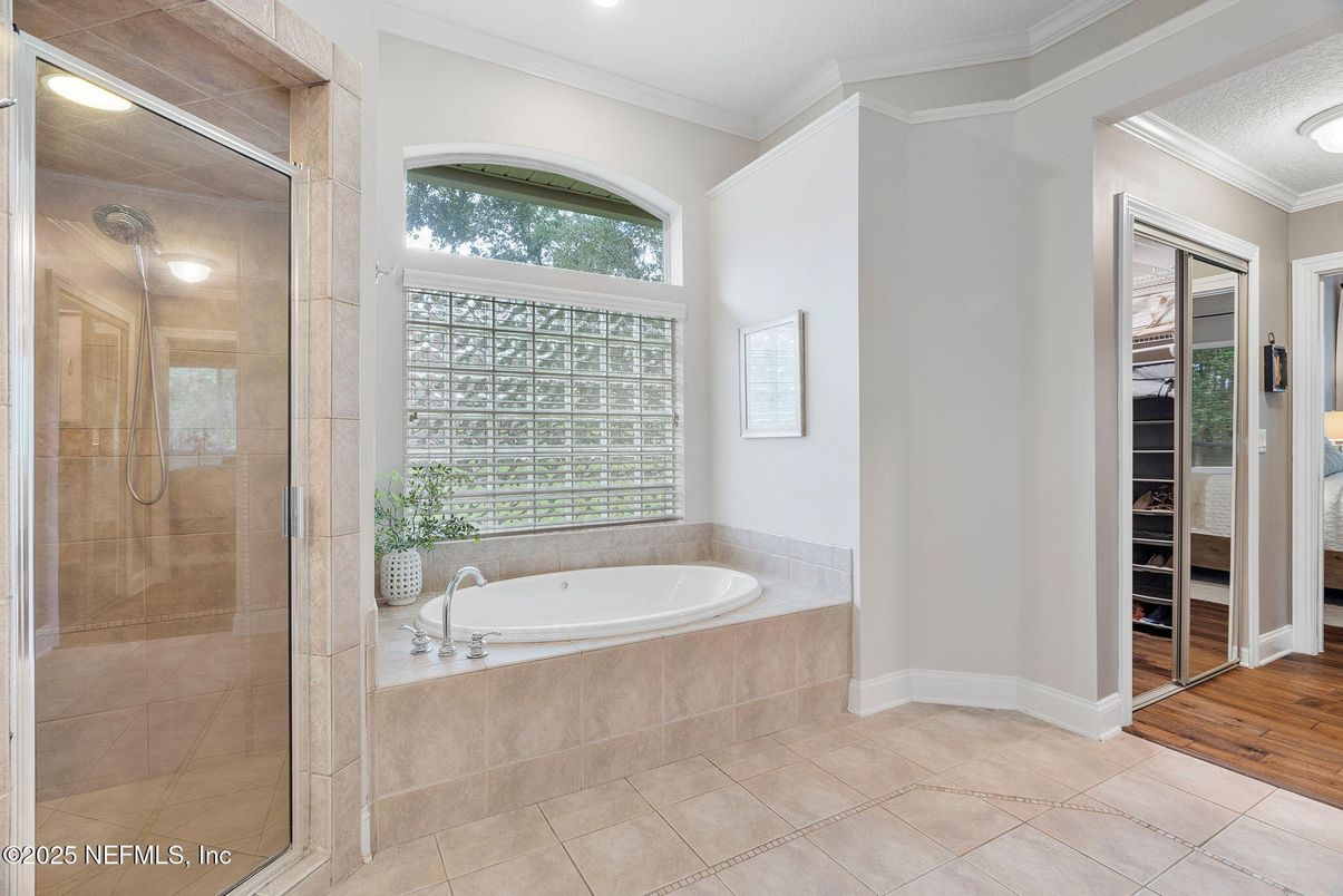 Bathroom, Glass Shower, Interior, Recessed Lighting, Wood Texture Flooring