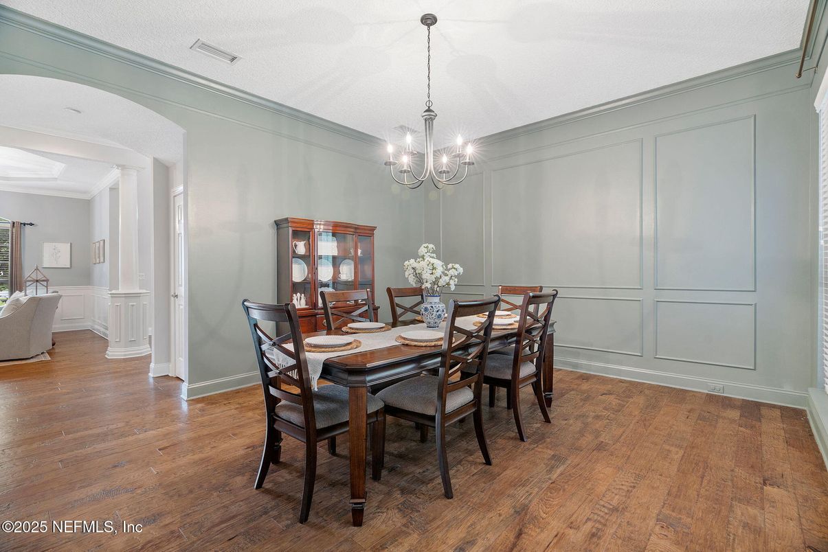Chandelier, Dining room, Interior, Wood Texture Flooring