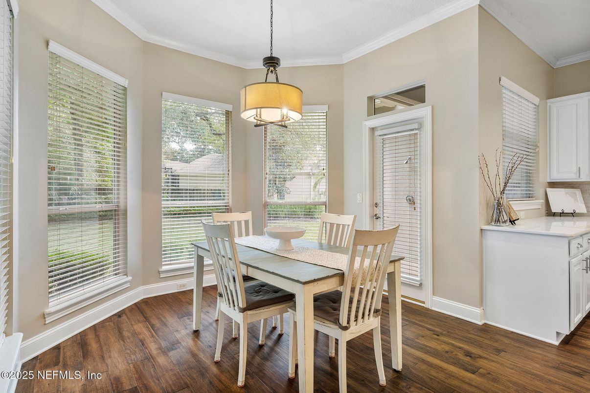 Dining room, Interior, Pendant Lights, Wood Texture Flooring