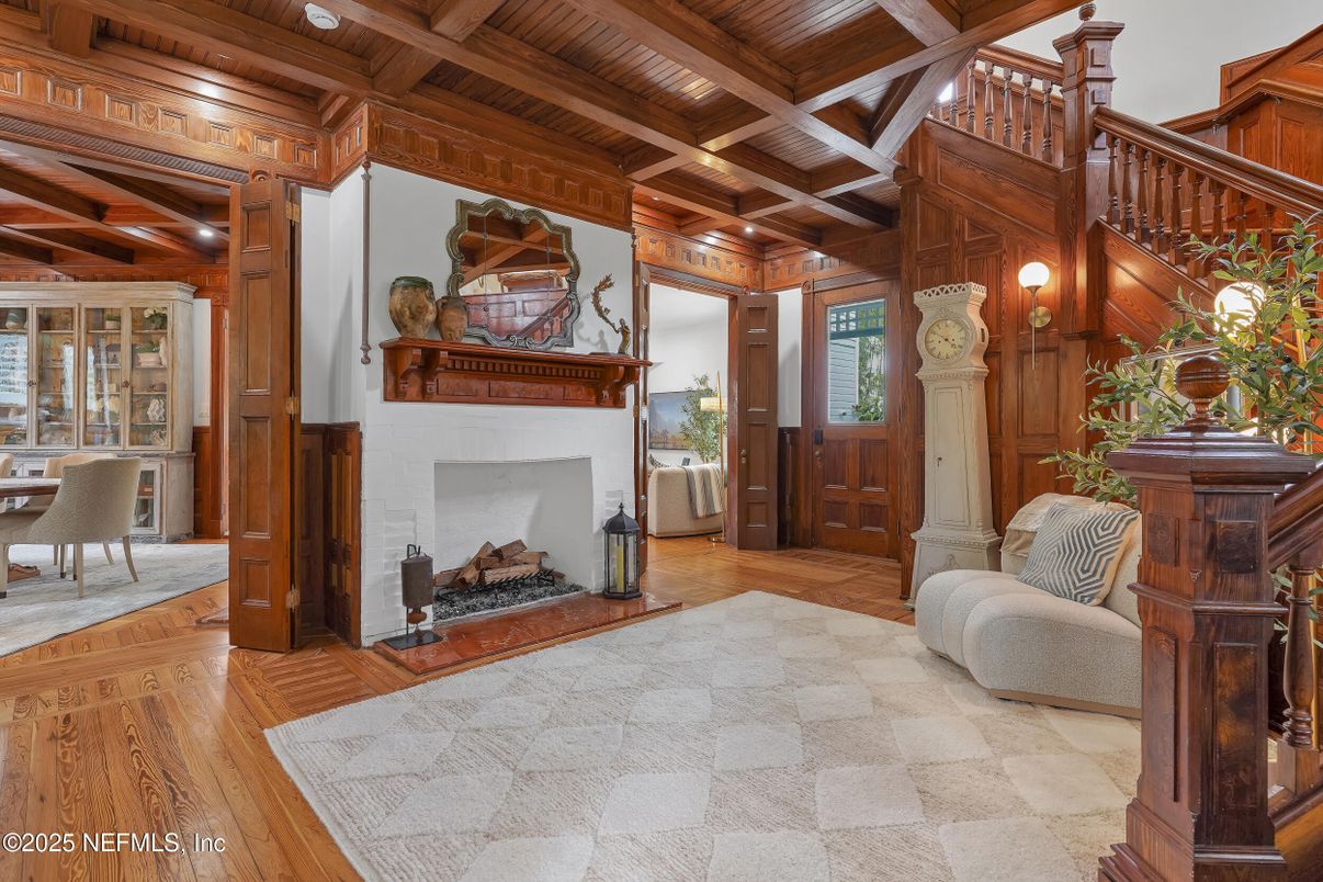Dining room, Fireplace, Interior, Wooden Beams, Wooden Ceilings, Wood Texture Flooring, Wooden Walls