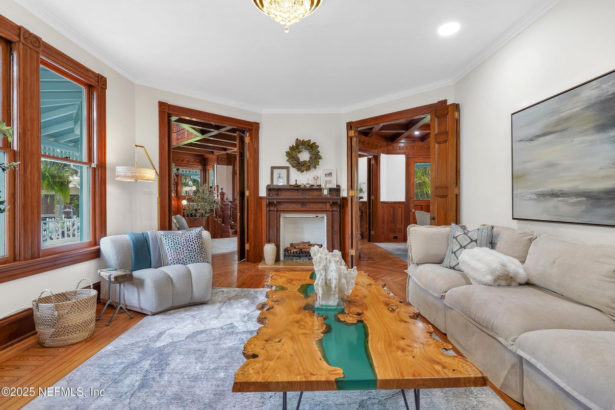 Fireplace, Interior, Living room, Recessed Lighting, Wood Texture Flooring