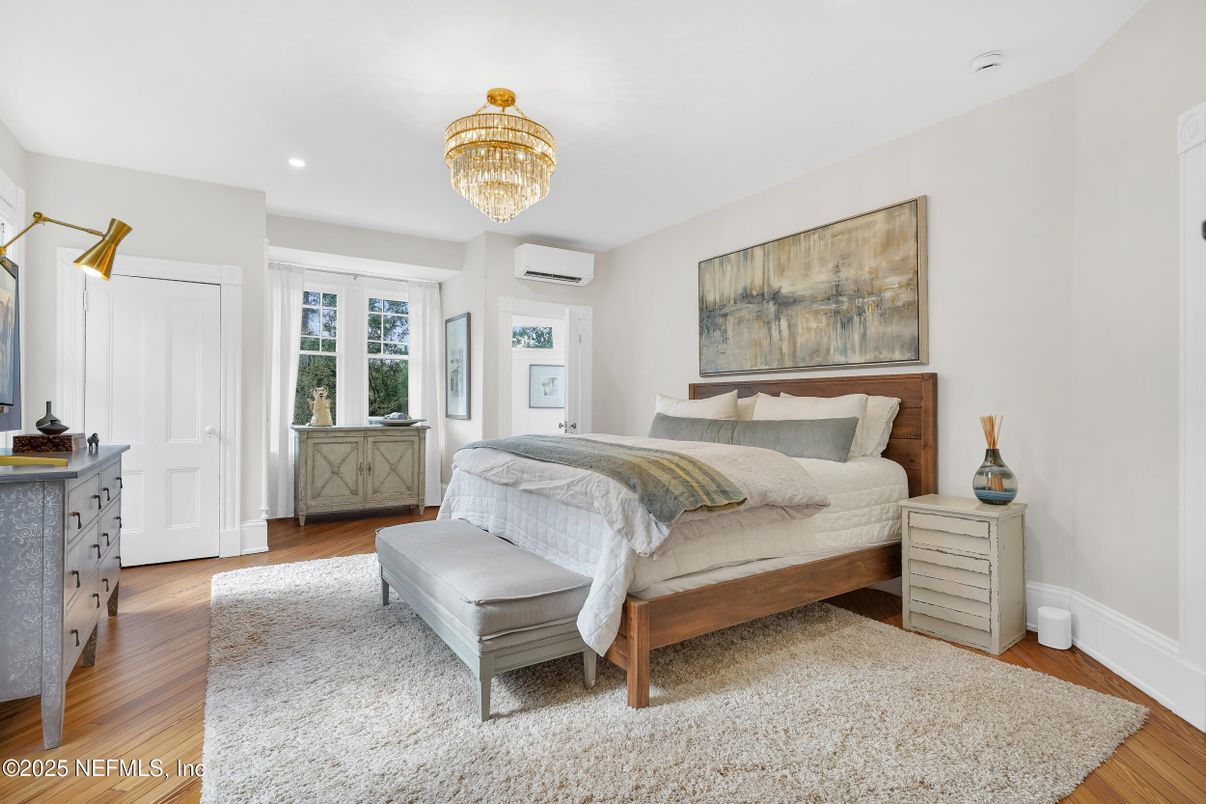 Bedroom, Chandelier, Interior, Recessed Lighting, Wood Texture Flooring