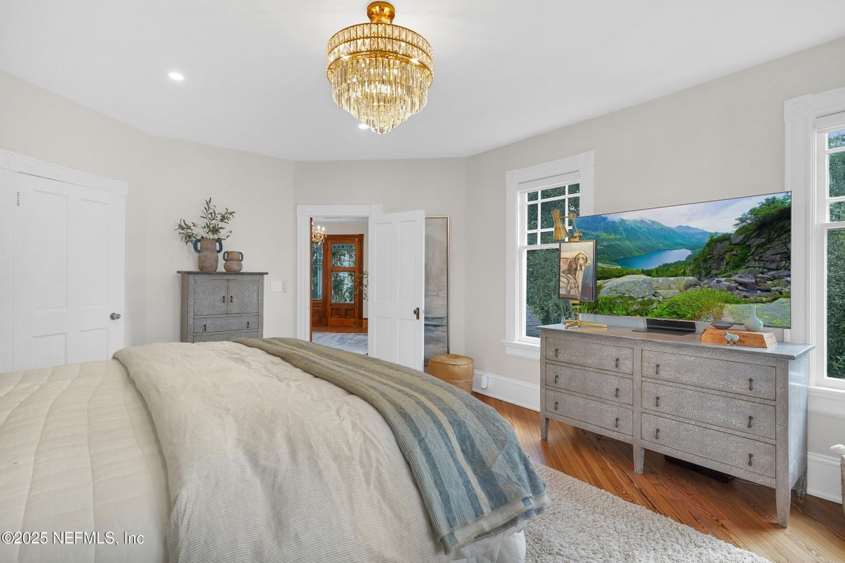 Bedroom, Chandelier, Interior, Recessed Lighting, Wood Texture Flooring