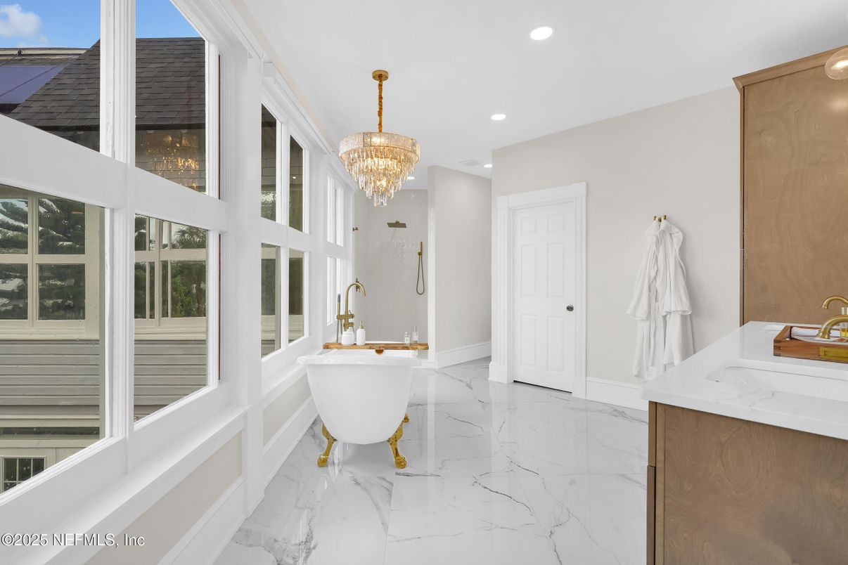 Bathroom, Chandelier, Dual Sink Vanities, Free Standing Baths, Interior, Marble, Recessed Lighting