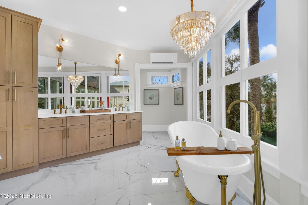 Bathroom, Chandelier, Dual Sink Vanities, Free Standing Baths, Interior, Marble, Recessed Lighting