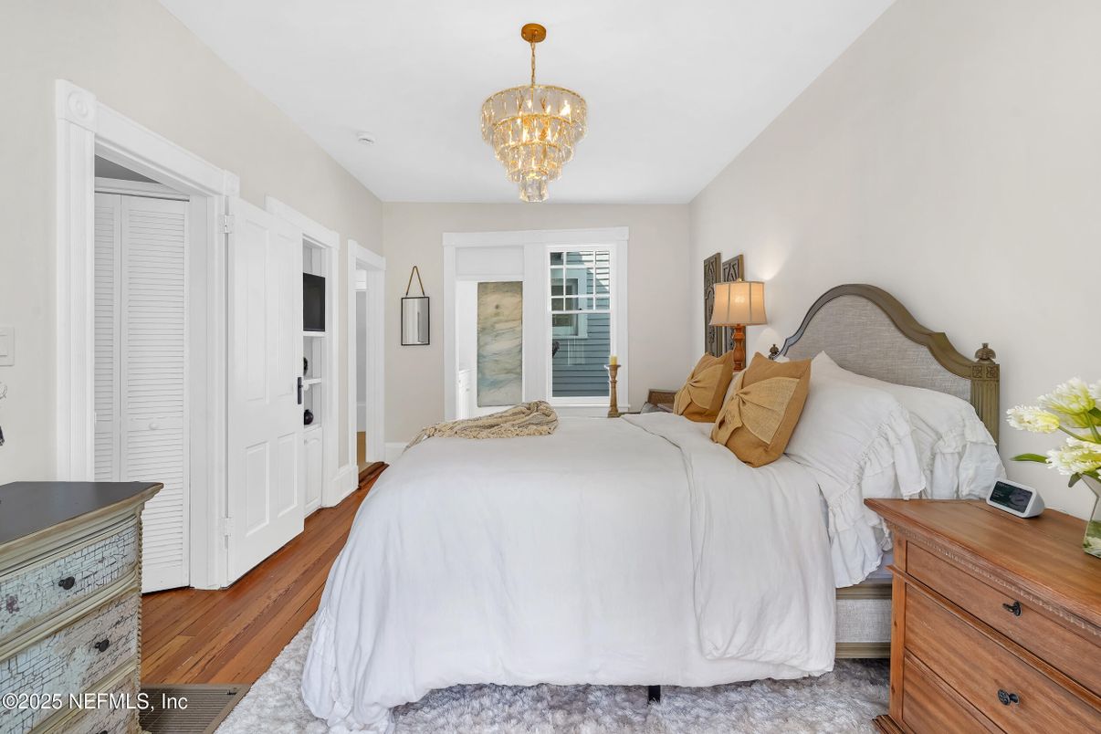 Bedroom, Chandelier, Interior, Wood Texture Flooring