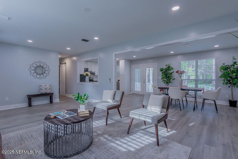 Dining room, Interior, Living room, Recessed Lighting, Wood Texture Flooring