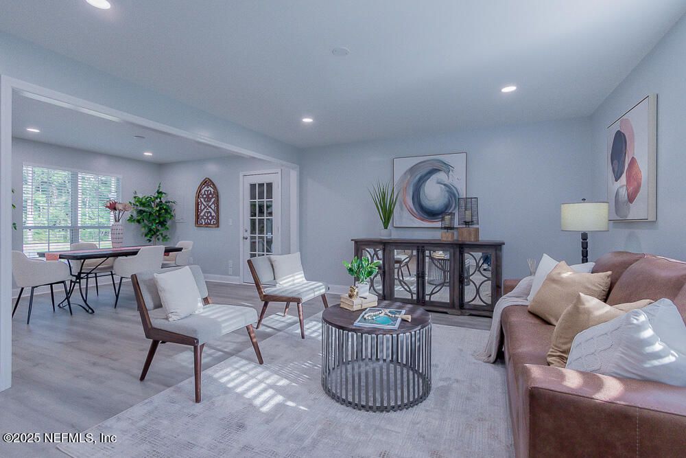 Dining room, Interior, Living room, Recessed Lighting, Wood Texture Flooring