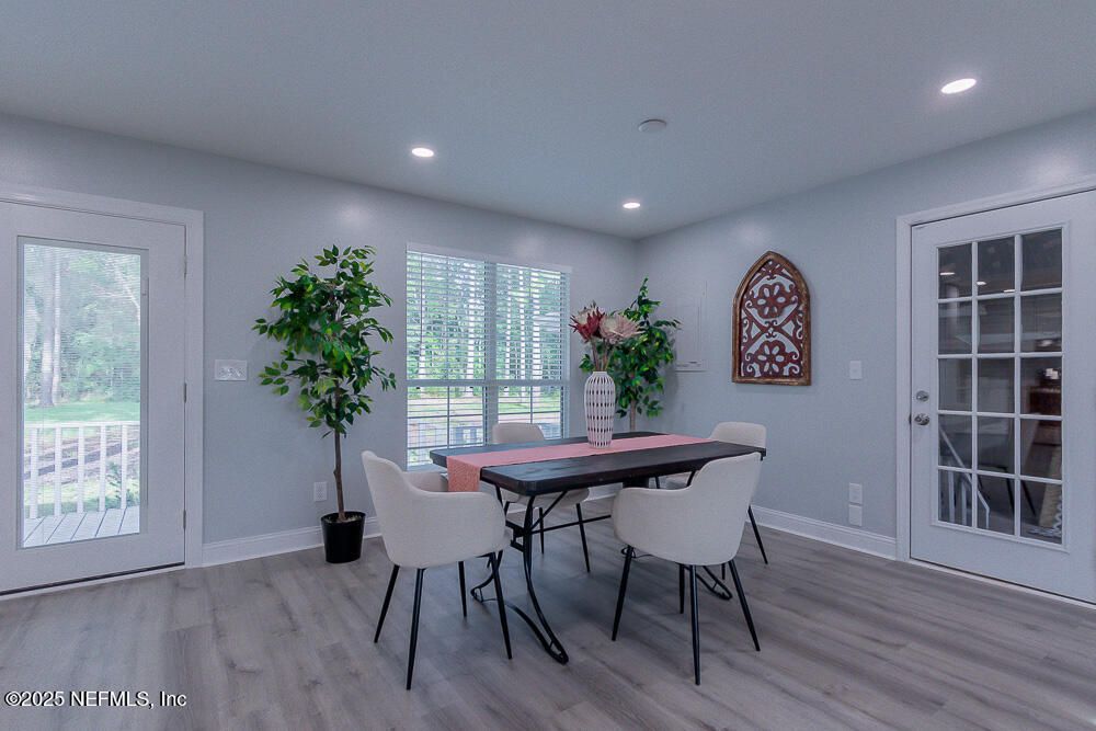 Dining room, Interior, Recessed Lighting, Wood Texture Flooring