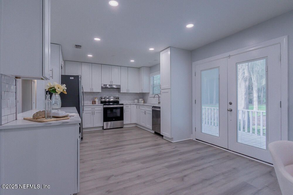 Interior, Kitchen, Recessed Lighting, Stainless Steel Appliances, Wood Texture Flooring