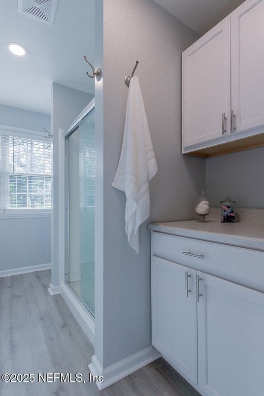 Bathroom, Glass Shower, Interior, Recessed Lighting, Wood Texture Flooring