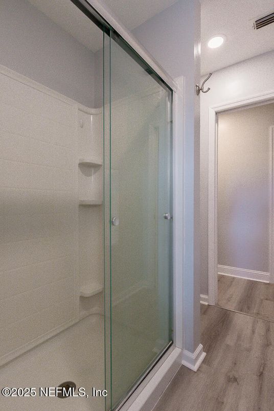 Bathroom, Glass Shower, Interior, Recessed Lighting, Wood Texture Flooring