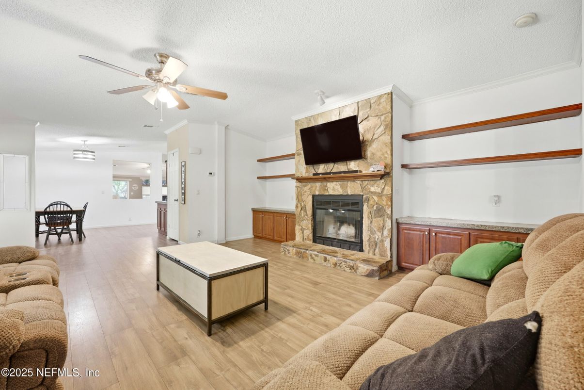 Dining room, Fireplace, Interior, Living room, Wood Texture Flooring