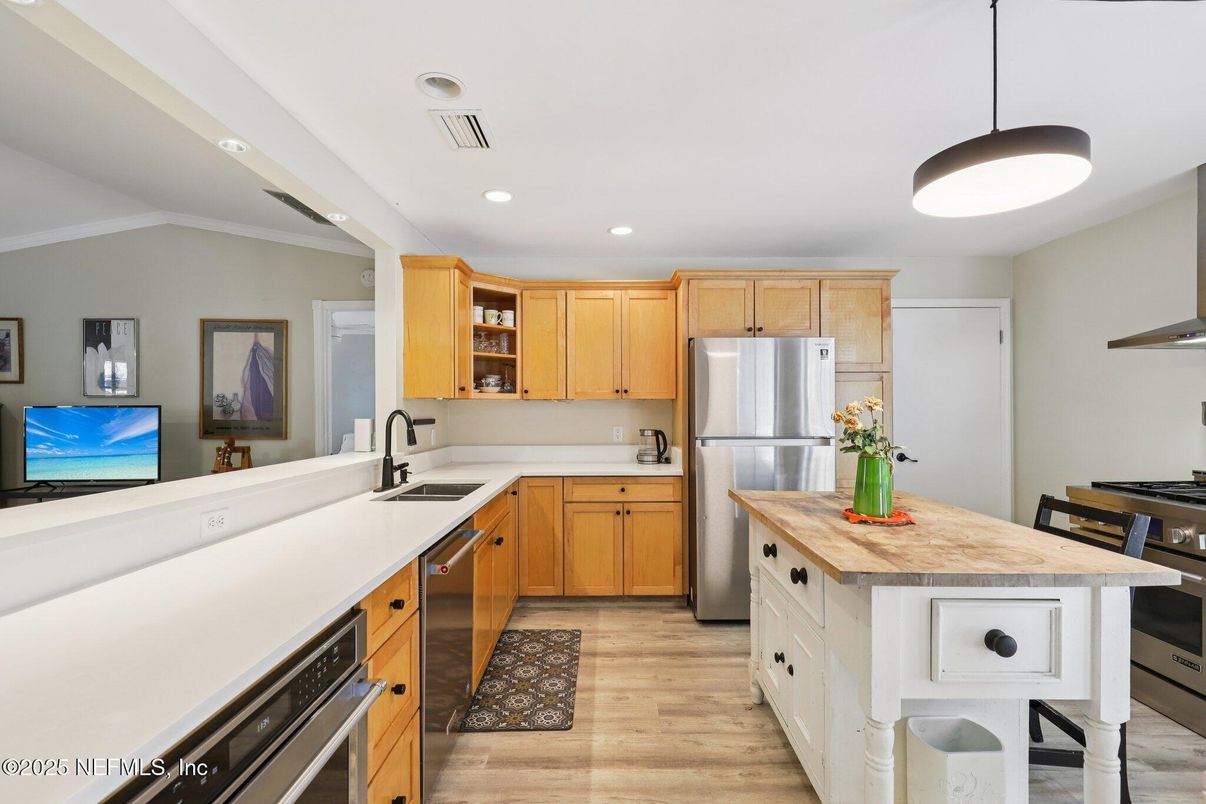 Interior, Kitchen, Pendant Lights, Recessed Lighting, Stainless Steel Appliances, Wood Texture Flooring