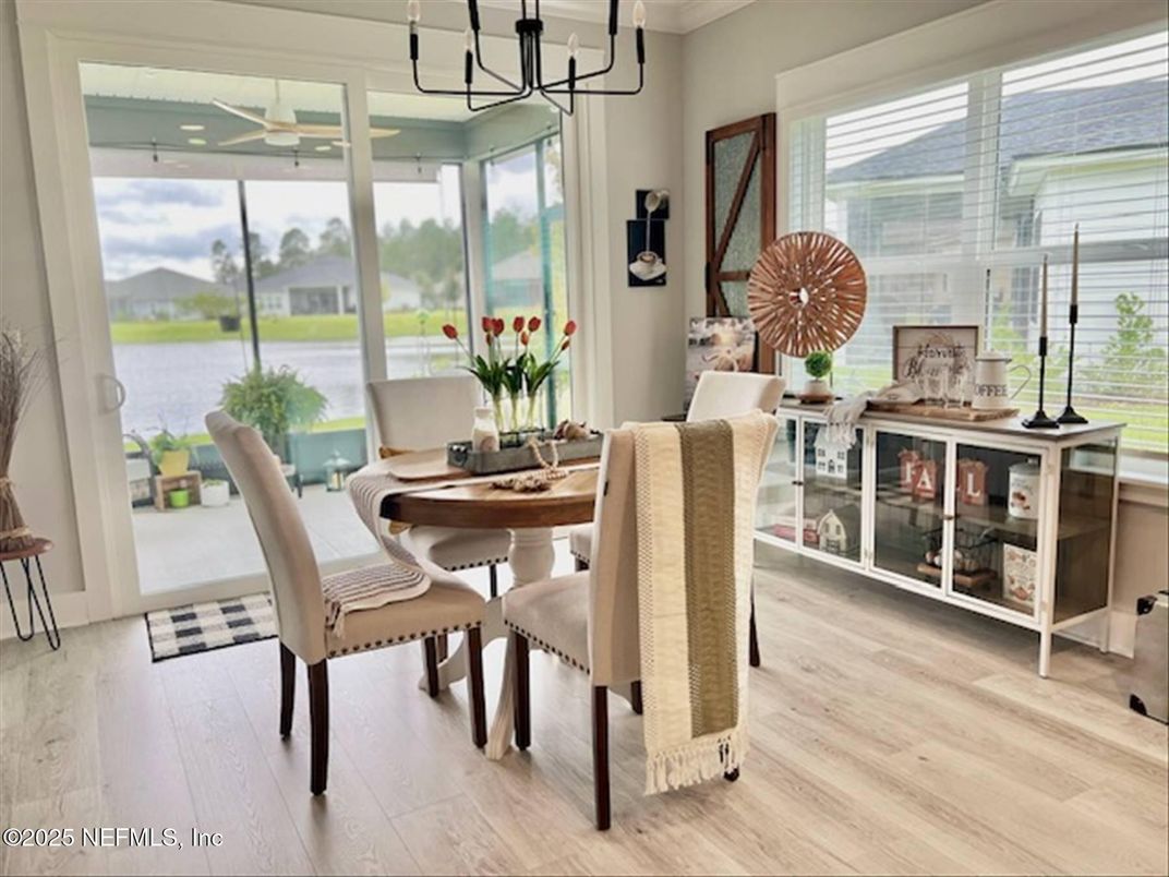 Chandelier, Dining room, Interior, Water, Wood Texture Flooring