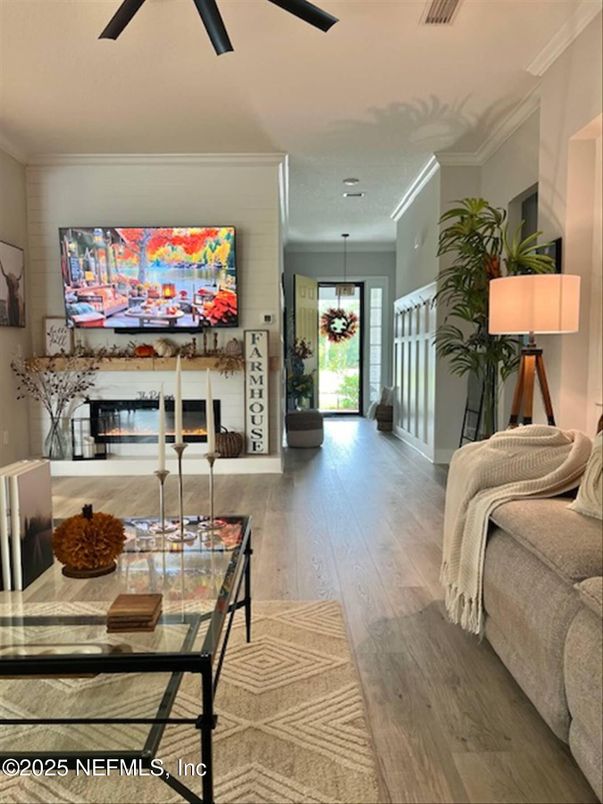 Fireplace, Interior, Living room, Pendant Lights, Wood Texture Flooring