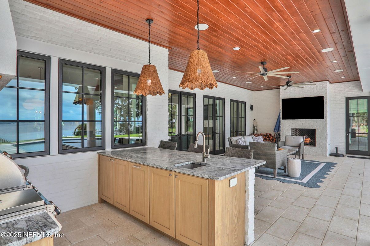 Fireplace, Interior, Kitchen, Living room, Pendant Lights, Recessed Lighting, Wooden Ceilings