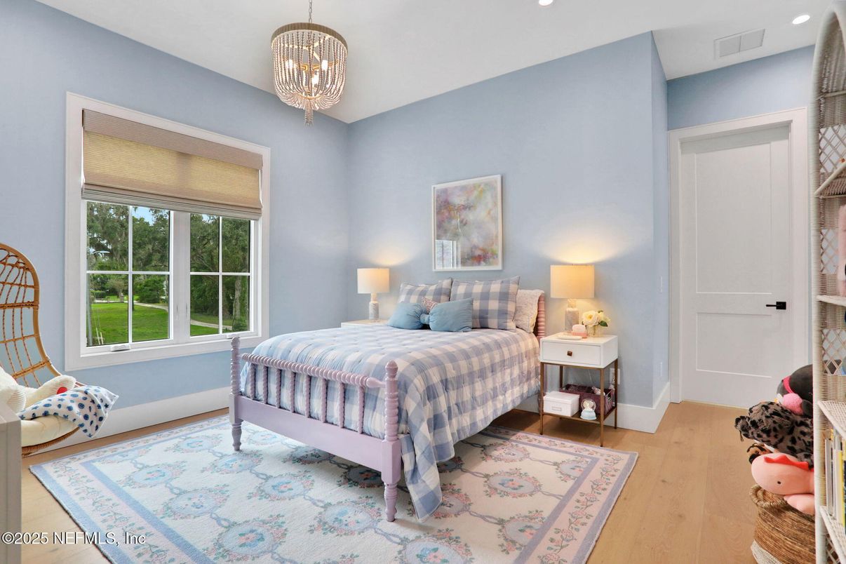 Bedroom, Chandelier, Interior, Recessed Lighting, Wood Texture Flooring