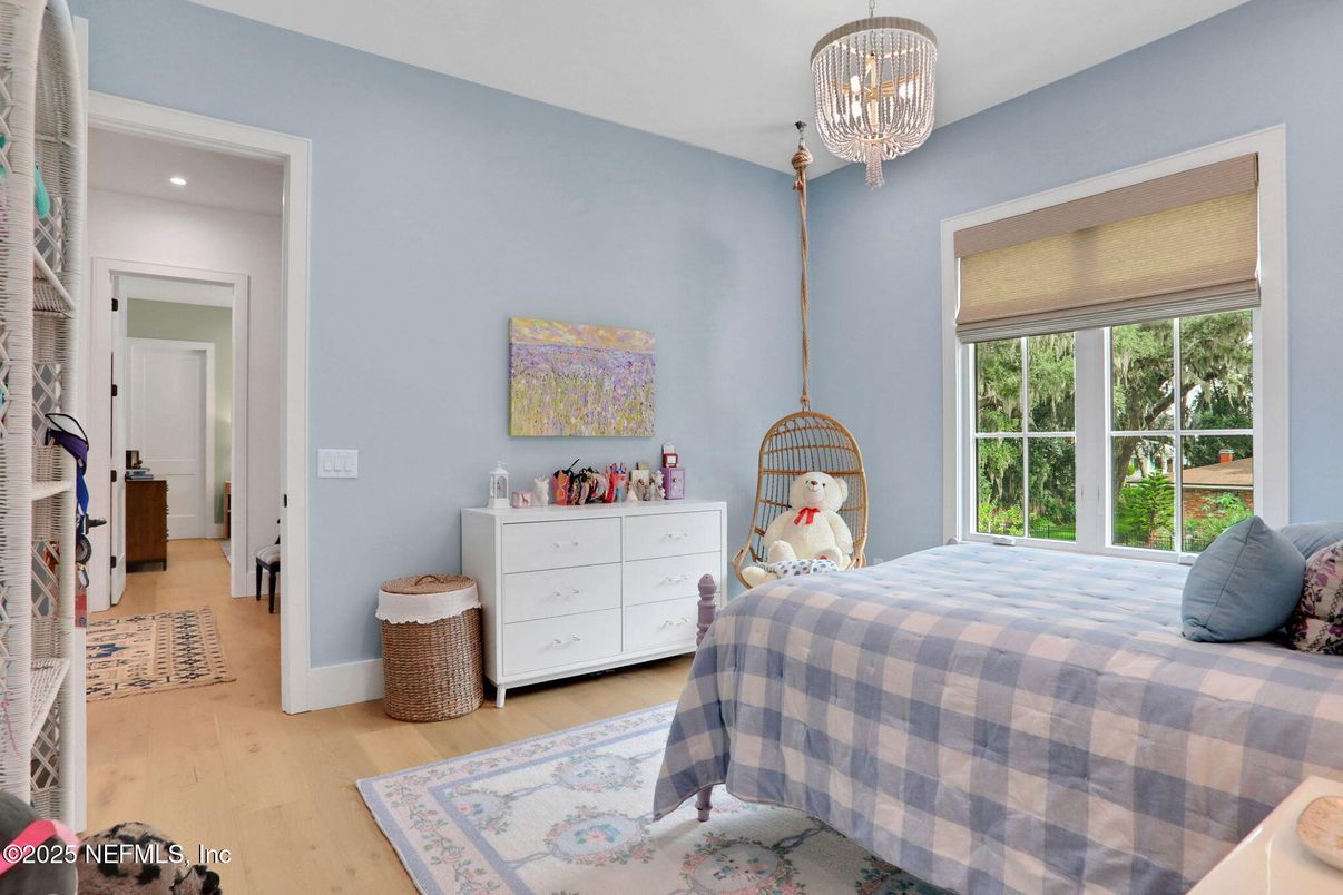 Bedroom, Chandelier, Interior, Recessed Lighting, Wood Texture Flooring
