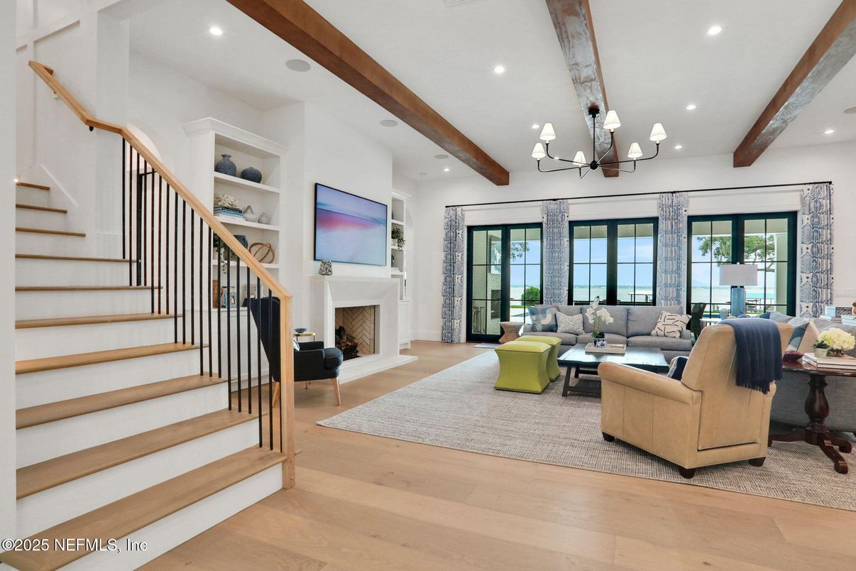 Chandelier, Fireplace, Interior, Living room, Recessed Lighting, Wooden Beams, Wood Texture Flooring