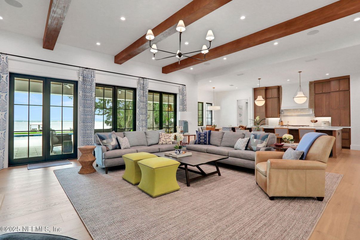 Interior, Living room, Pendant Lights, Recessed Lighting, Wooden Beams, Wood Texture Flooring