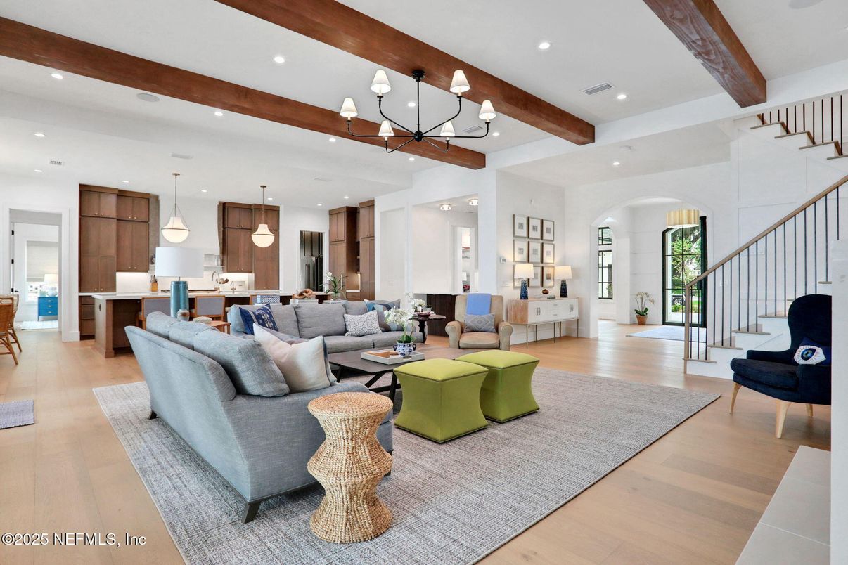 Interior, Kitchen, Living room, Pendant Lights, Recessed Lighting, Wooden Beams, Wood Texture Flooring