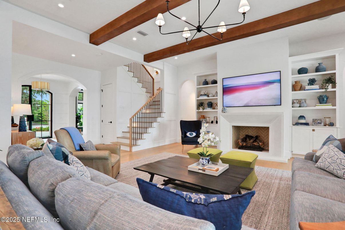 Fireplace, Interior, Living room, Pendant Lights, Recessed Lighting, Wooden Beams, Wood Texture Flooring