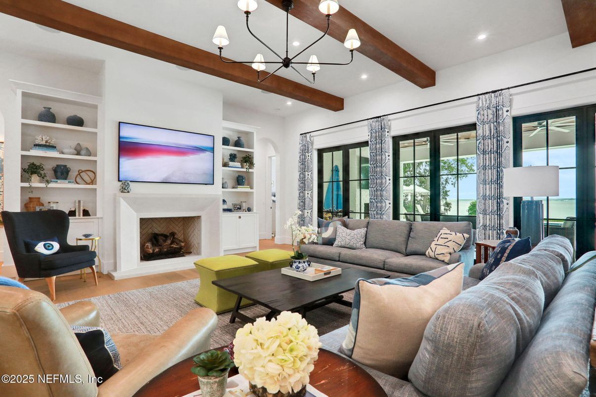 Chandelier, Fireplace, Interior, Living room, Recessed Lighting, Wooden Beams, Wood Texture Flooring