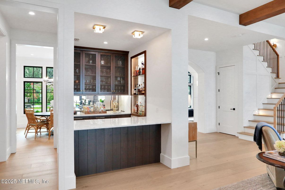 Dining room, Interior, Recessed Lighting, Wooden Beams, Wood Texture Flooring