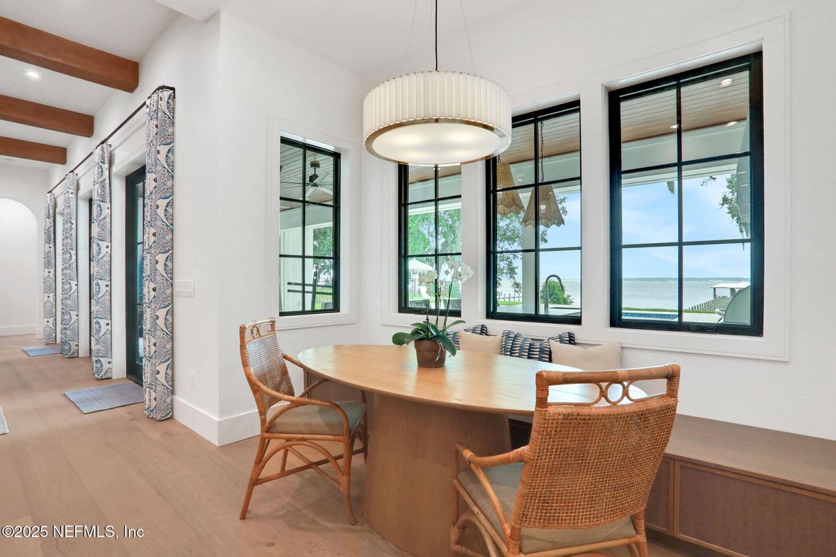 Dining room, Interior, Pendant Lights, Recessed Lighting, Water, Wooden Beams, Wood Texture Flooring