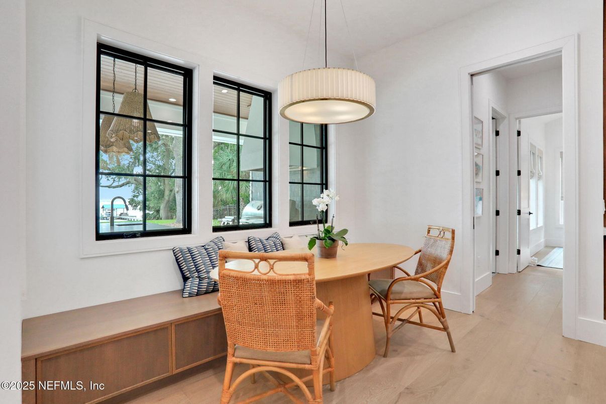 Dining room, Interior, Pendant Lights, Wood Texture Flooring