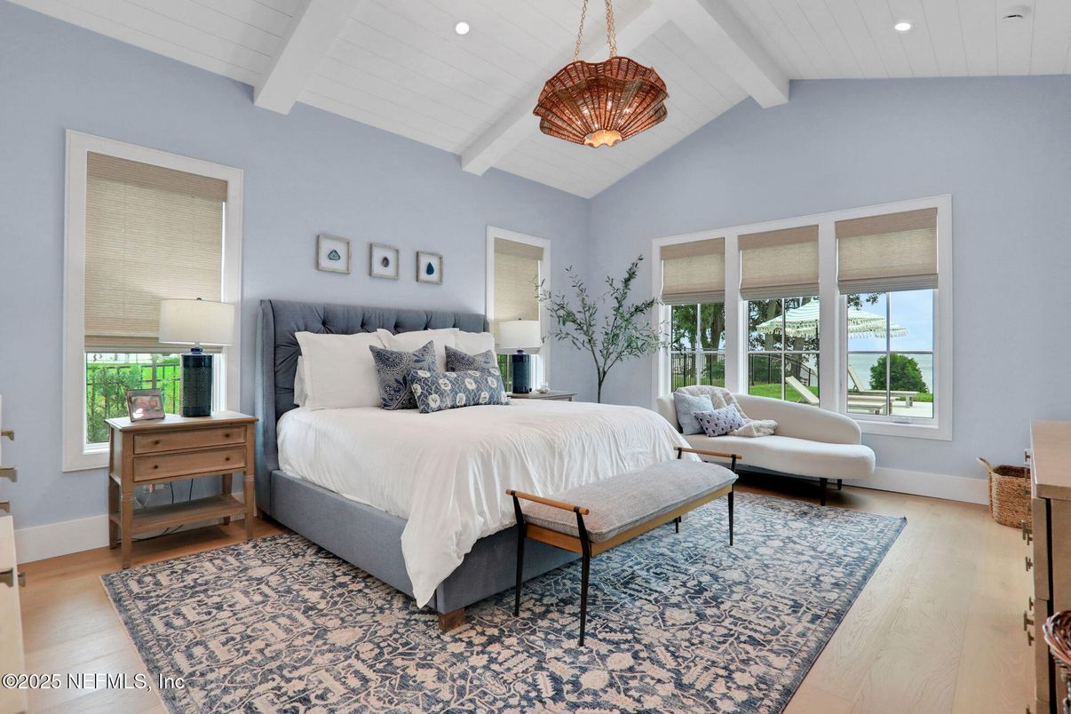 Bedroom, Interior, Pendant Lights, Recessed Lighting, Wood Texture Flooring
