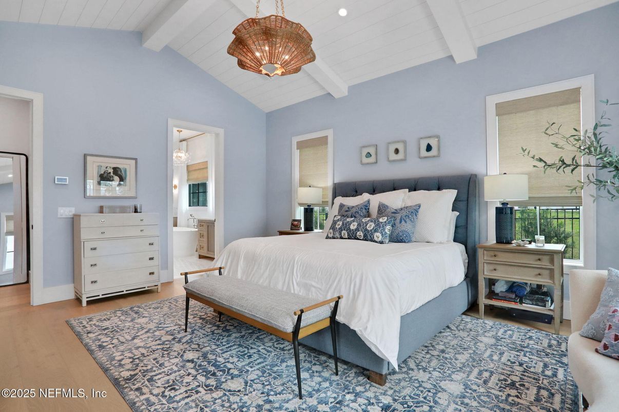 Bedroom, Interior, Pendant Lights, Recessed Lighting, Wood Texture Flooring