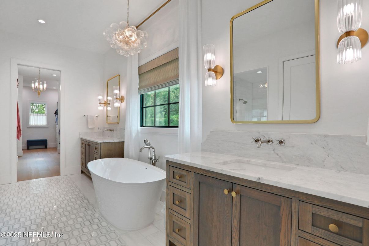 Bathroom, Chandelier, Dual Sink Vanities, Free Standing Baths, Interior, Pendant Lights, Recessed Lighting, Wood Texture Flooring