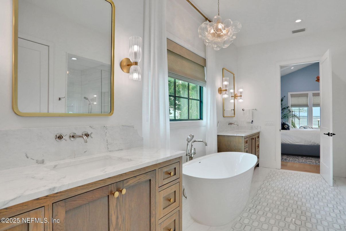 Bathroom, Bedroom, Dual Sink Vanities, Free Standing Baths, Interior, Marble, Pendant Lights, Recessed Lighting
