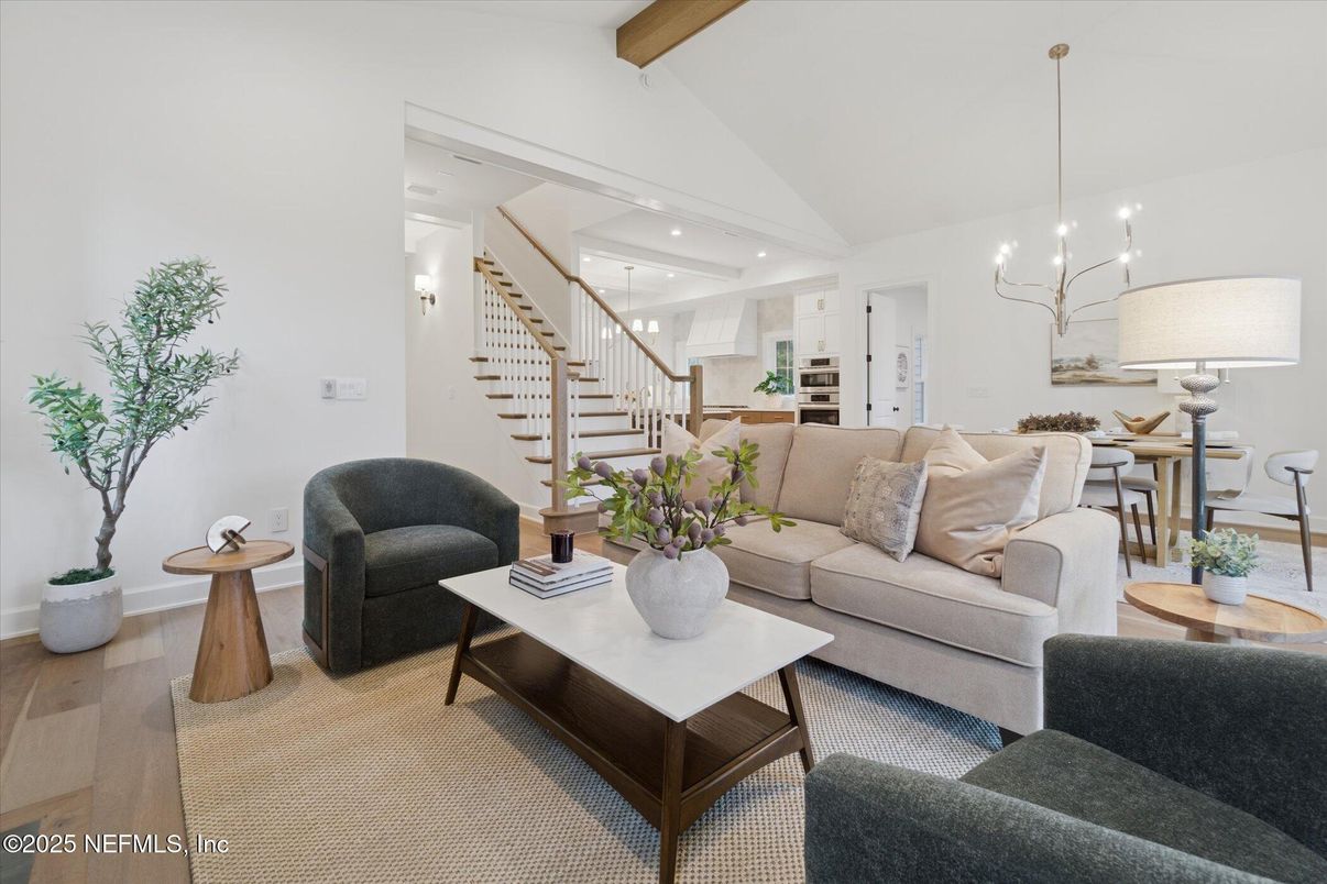 Chandelier, Dining room, Interior, Living room, Pendant Lights, Recessed Lighting, Wooden Beams, Wood Texture Flooring