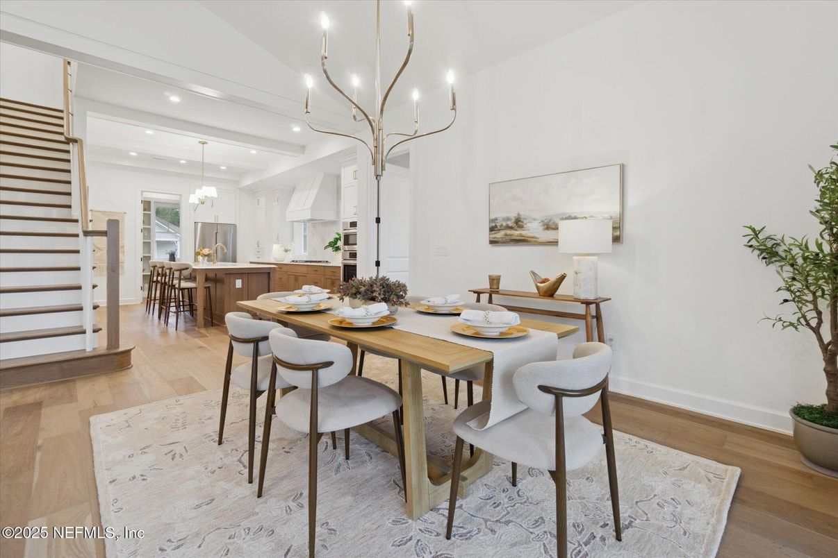 Chandelier, Dining room, Interior, Kitchen, Pendant Lights, Recessed Lighting, Wood Texture Flooring